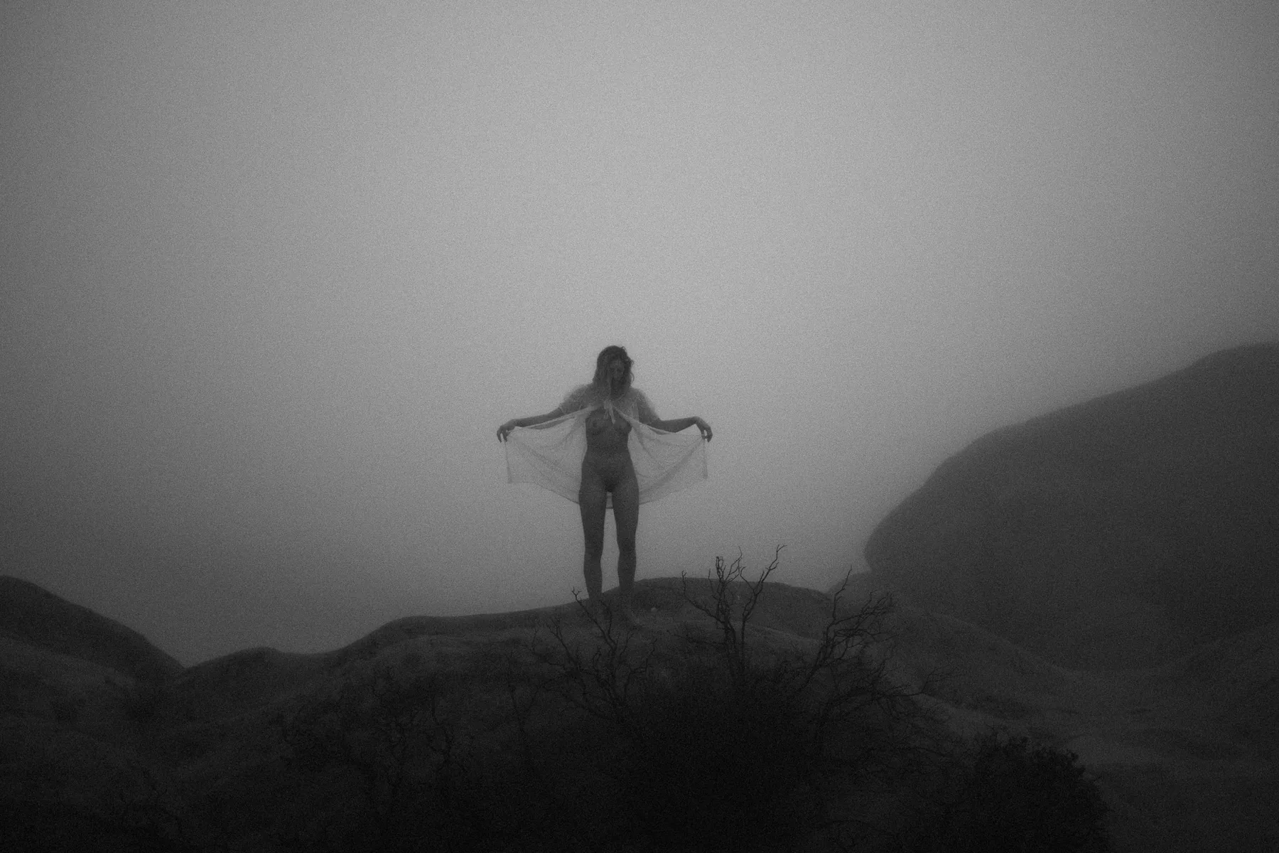 Figure on a mountain ridge in thick fog, arms outstretched holding sheer fabric — mythic elemental